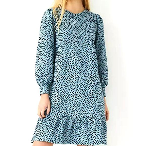 ANN TAYLOR NWT Small Petite Blue Peplum Sweatshirt Dress Animal‎ Print Western - Picture 1 of 8